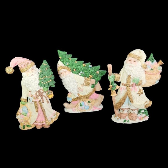 Victorian Santa Claus Figurines Sparkly Christmas‎ Set of 3 Pink Ceramic Vintage - Picture 1 of 13